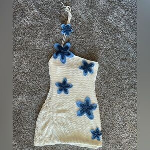 White fox if the the is right cream/blue halter knit mini dress